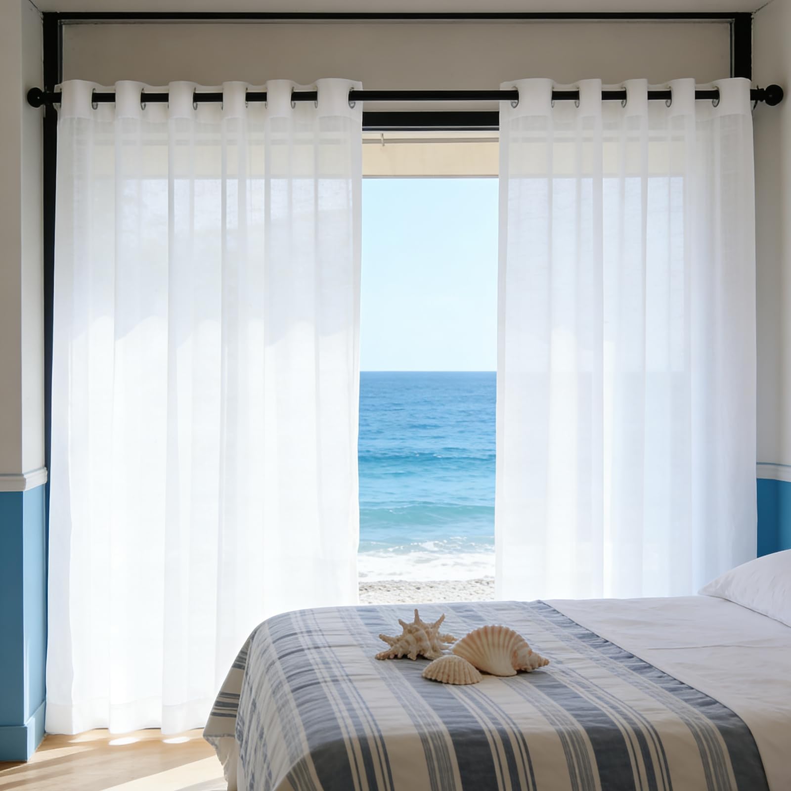 Cortinas visillos de aspecto lino blanco con ojales de 180 x 82 cm para decorar el salón