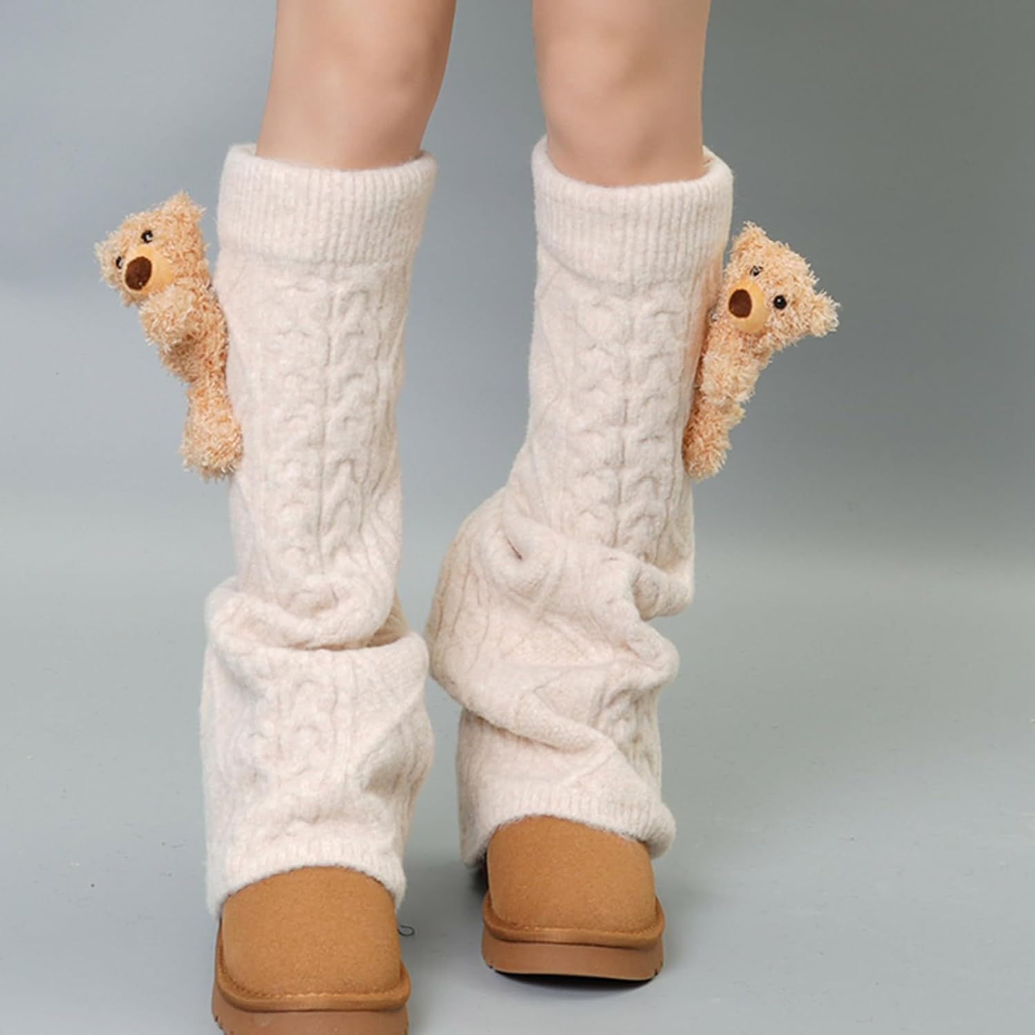 Leg Warmers, Aesthetic Bear Rabbits Dolls Cable Knit Drawstring Leg Warmers Socks for Women Winter Flared Long