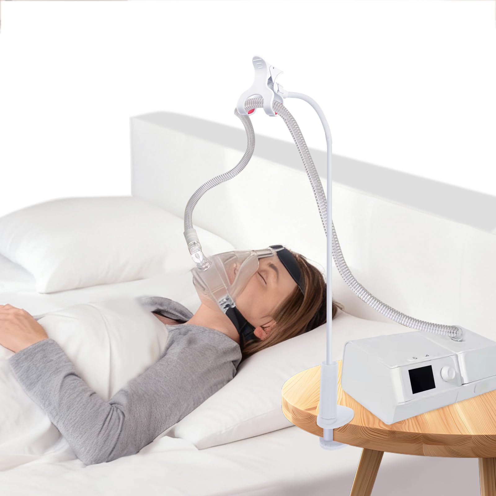 CPAP Support de tuyau, rotation à 360°, levier de tuyau CPAP et support de tuyau, crochet de suspension pour prévenir les fuites et l'enchevêtrement, appareil d'apnée du sommeil CPAP (blanc)