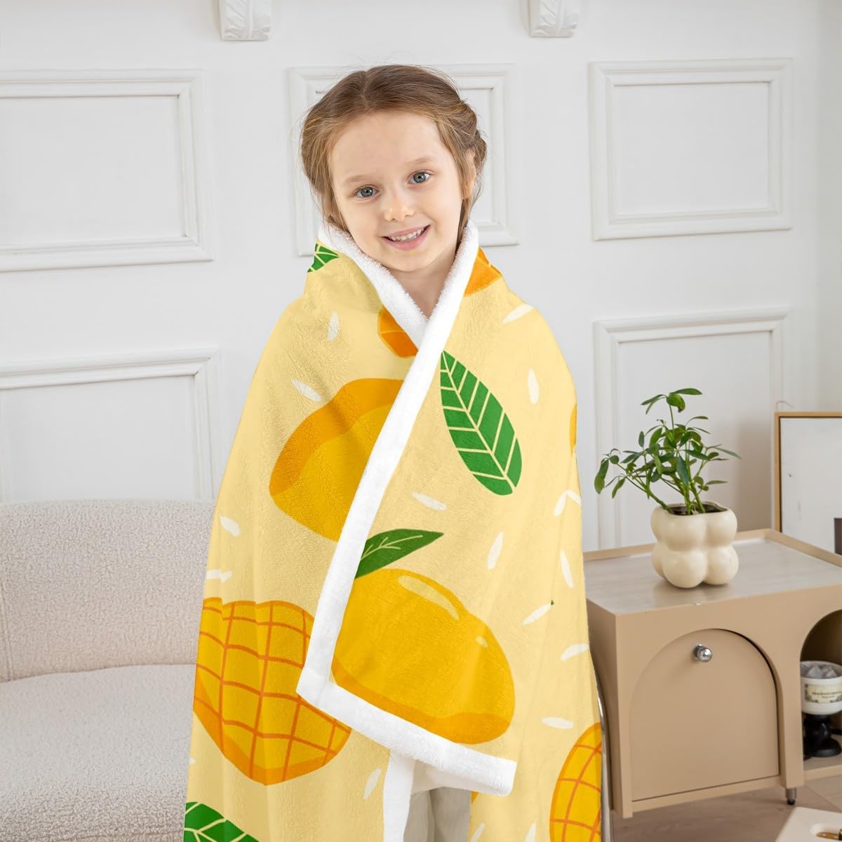 Feelyou Cartoon Mango Fleece Throw Blanket - Sweet Fruit Sherpa for Kids Boys & Girls - Tropical Fruit Plush with Botanical Leaves - Fuzzy for Sofa, Bed & Couch - Orange, 50x60 Inches