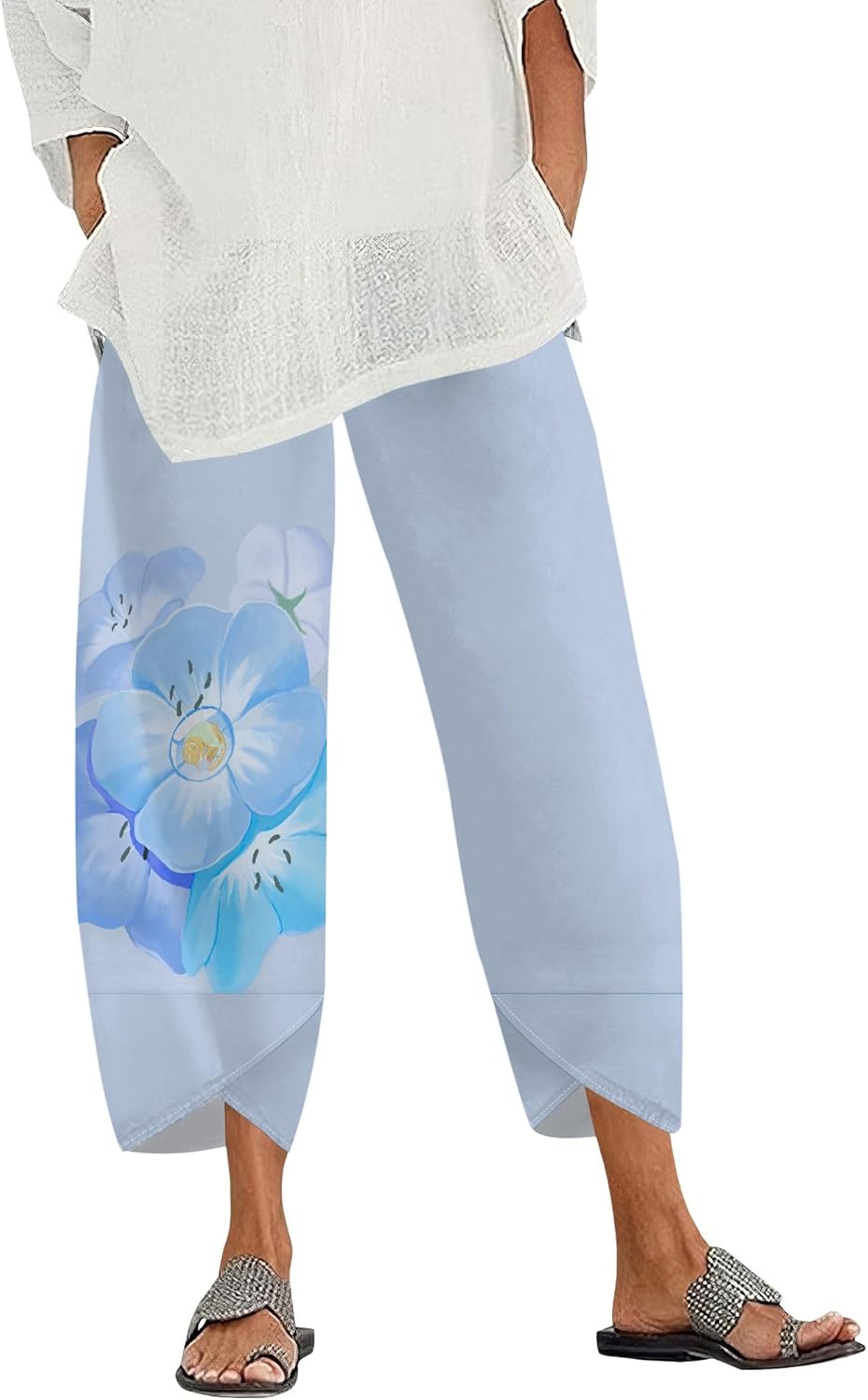 Women Cotton Linen Wide Leg Pants Floral Embroidered Palazzo Capri Trousers Elastic Waist Loose Fit with Pockets
