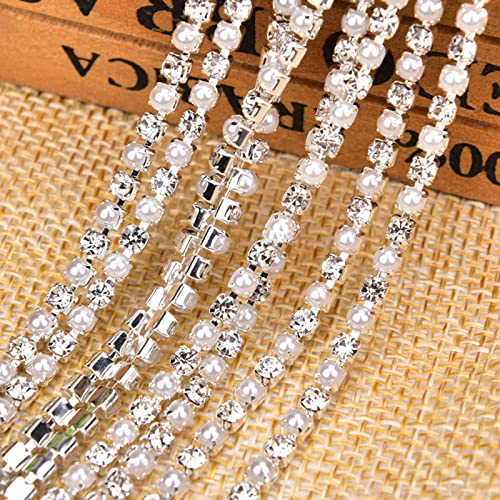 Yhsheen 11 Yard 3Mmclaw Pearl Rhinestone Trim Diamond Crystal Rhinestone Chain Sparkly Rhinestone Applique For Wedding Party Decoration (3Mm, Clear Stone+Pearl In Silver Base) #TOP2