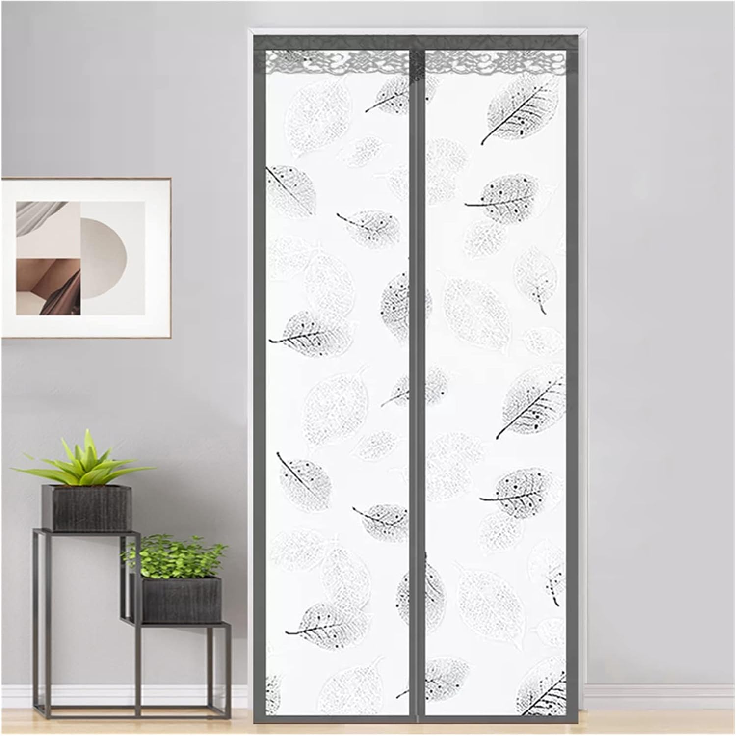 VXHCS Insulated Door Curtain, EVA Door Screen, Magnetic Thermal and Insulation Hands Free Windproof Waterproof Suitable for Bedroom,Entrance (Color : Gray Leaves, Size : 85x200cm)