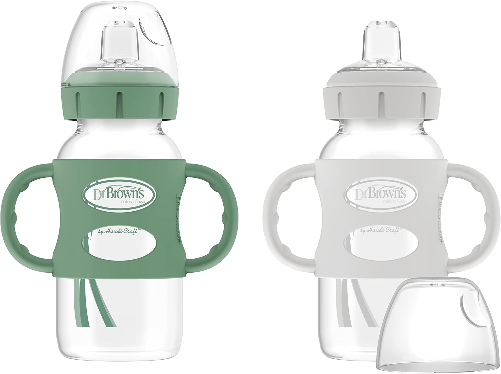Milestones Wide-Neck Sippy Spout Bottle with 100% Silicone Handles, Easy-Grip Handles with Soft Sippy Spout, 9oz/270mL, Green & Gray, 2-Pack, 6m+