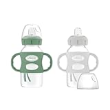 Dr&period; Brown&apos;s Milestones Wide-Neck Sippy Spout Bottle with 100&percnt; Silicone Handles&comma; Easy-Grip Handles with Soft Sippy Spout&comma; 9oz&sol;270mL&comma; Green & Gray&comma; 2-Pack&comma; 6m&plus;