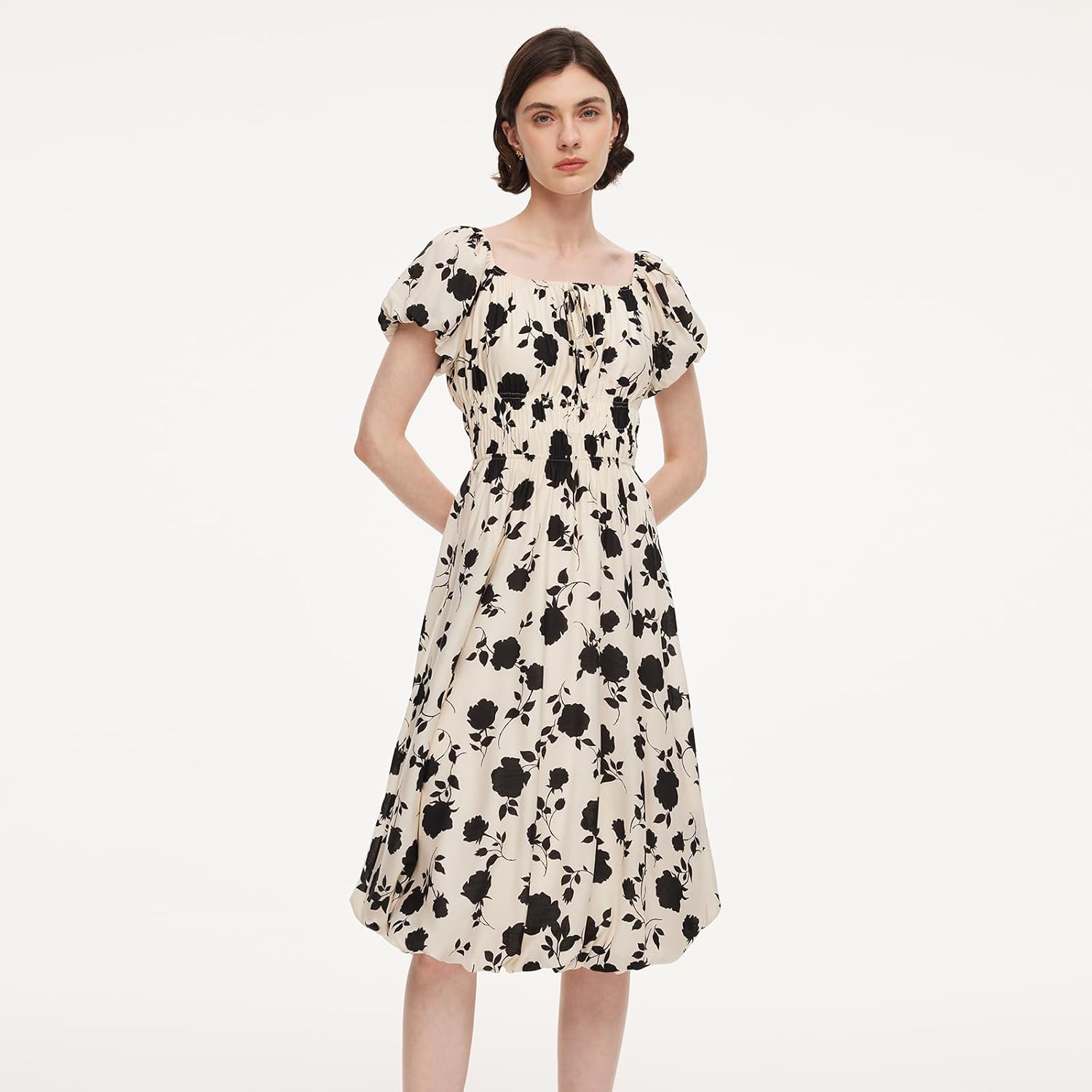 GOELIA Women Bubble Hem Midi Dress 2026 Puff Sleeve Square Neck Dress Acetate Blend Casual Floral Dresses with Scrunchie