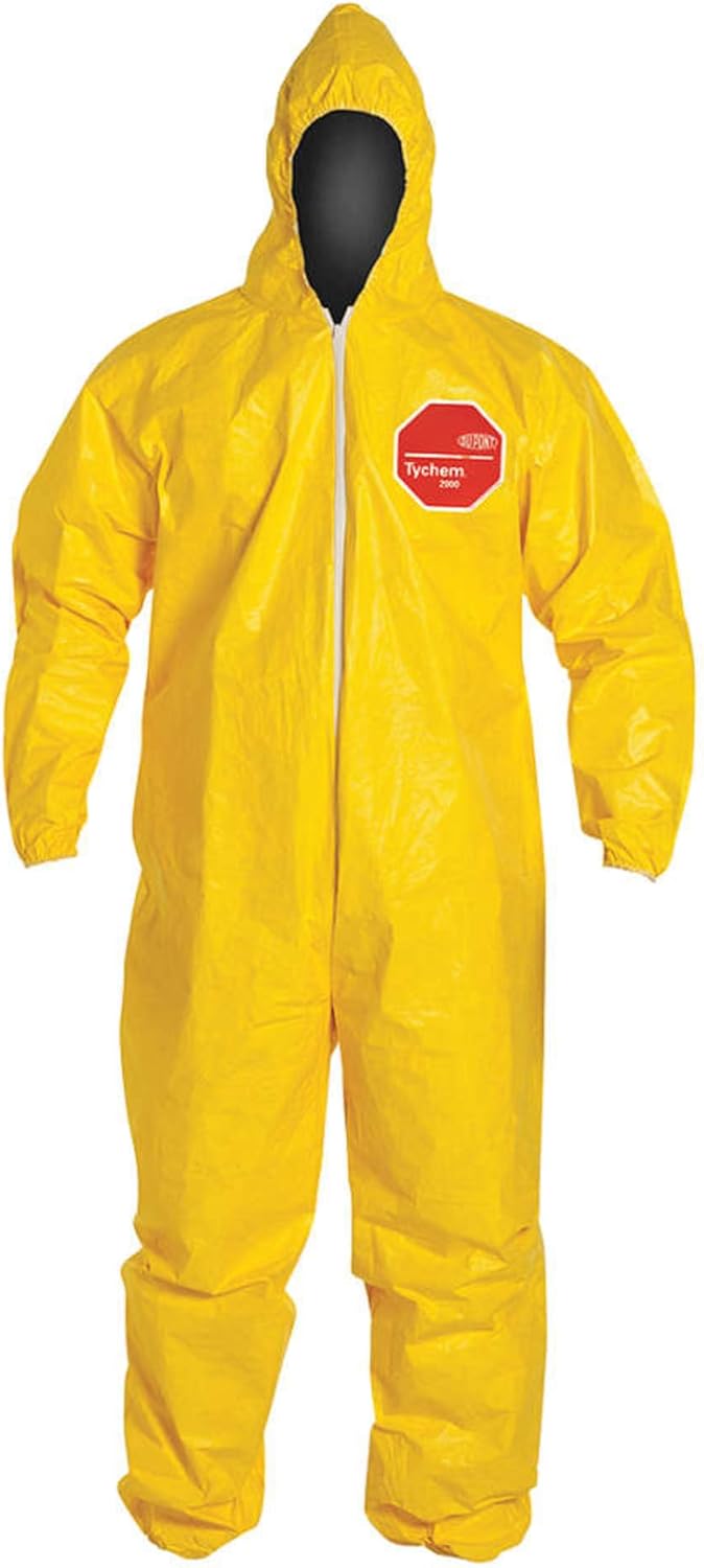 DuPont - QC127SYLMD001200 Tychem 2000 QC127S Disposable Chemical Resistant Coverall with Hood, Elastic Cuff and Serged Seams, Yellow, Medium (Pack of 12)