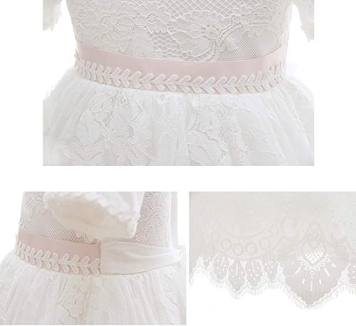 Miniatura 4 de Silver Mermaid Vestido de bautizo de encaje de manga corta para bebé niña, vestido de novia y gorro