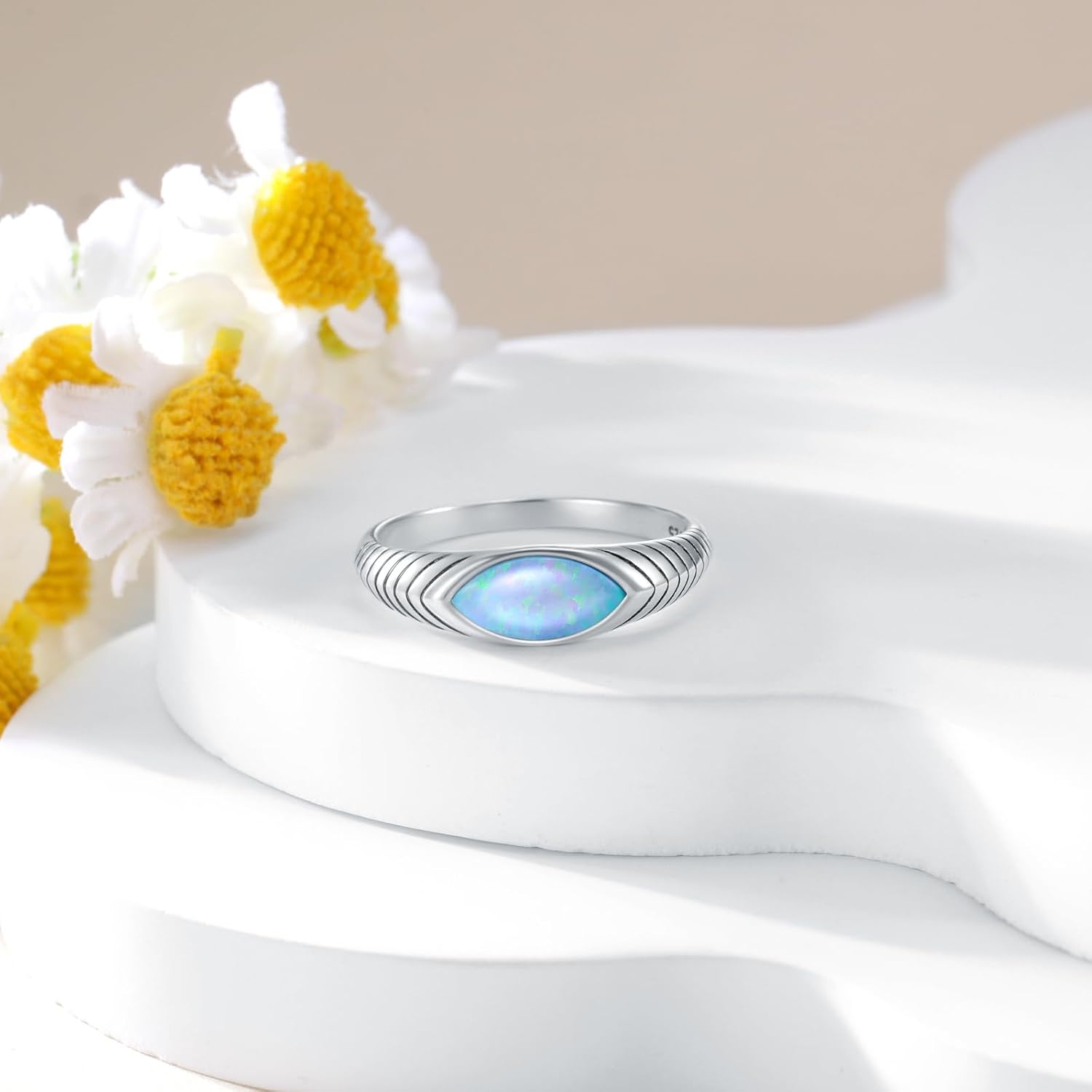 925 Sterling Silver Marquise-cut Blue Opal Ring,Stacking Statement Wedding Band Ring for Women Jewelry Gifts for Her(Ring Size 5-10)