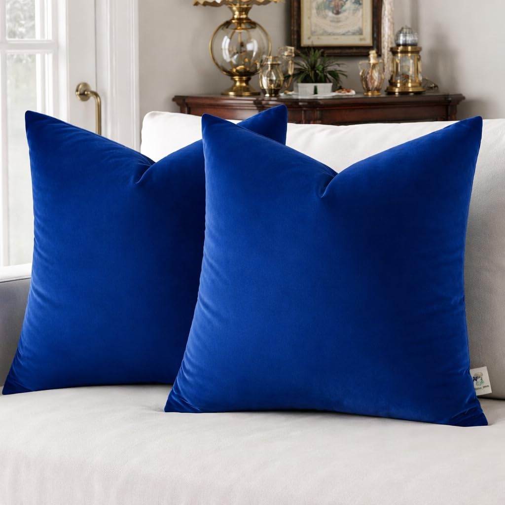 Velvet Pillow Covers 18x18 Set of 2 | Soft Plush Decorative Throw Pillow Cases | Hidden Zipper Home Decor (Royal Blue)