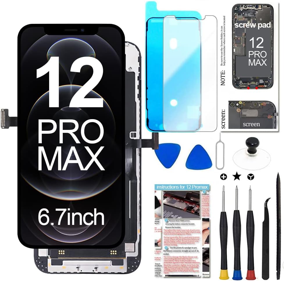 LCD Screen for iPhone 12 Pro Max Screen Replacement 6.7 inch(A2342, A2410, A2412, A2411),3D Touch Display Digitizer Frame Assembly with Repair Tools