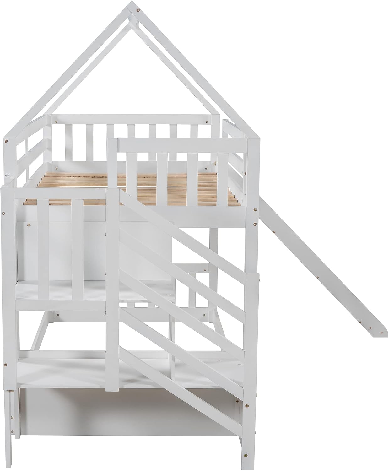 Bellemave Twin Over House Bunk Beds with Stairs and Slide Solid Wood Low Bed Storage for Kids Girls Boys Teens, White