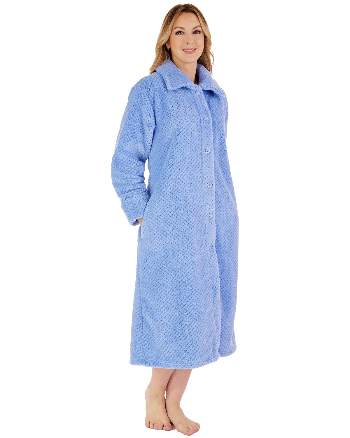 Slenderella Ladies Button Up Dressing Gown Super Soft Waffle Fleece Bath Robe Large (Blue)