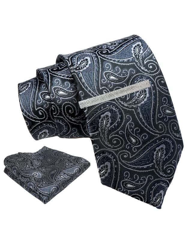 axlon Grey Pasiley Tie For Men – Formal Ties Set With Pocket Square & Tie Pin Clip For Mens, Silk Neckties Gift Sets For Men’s (AXNW24)-picture-46