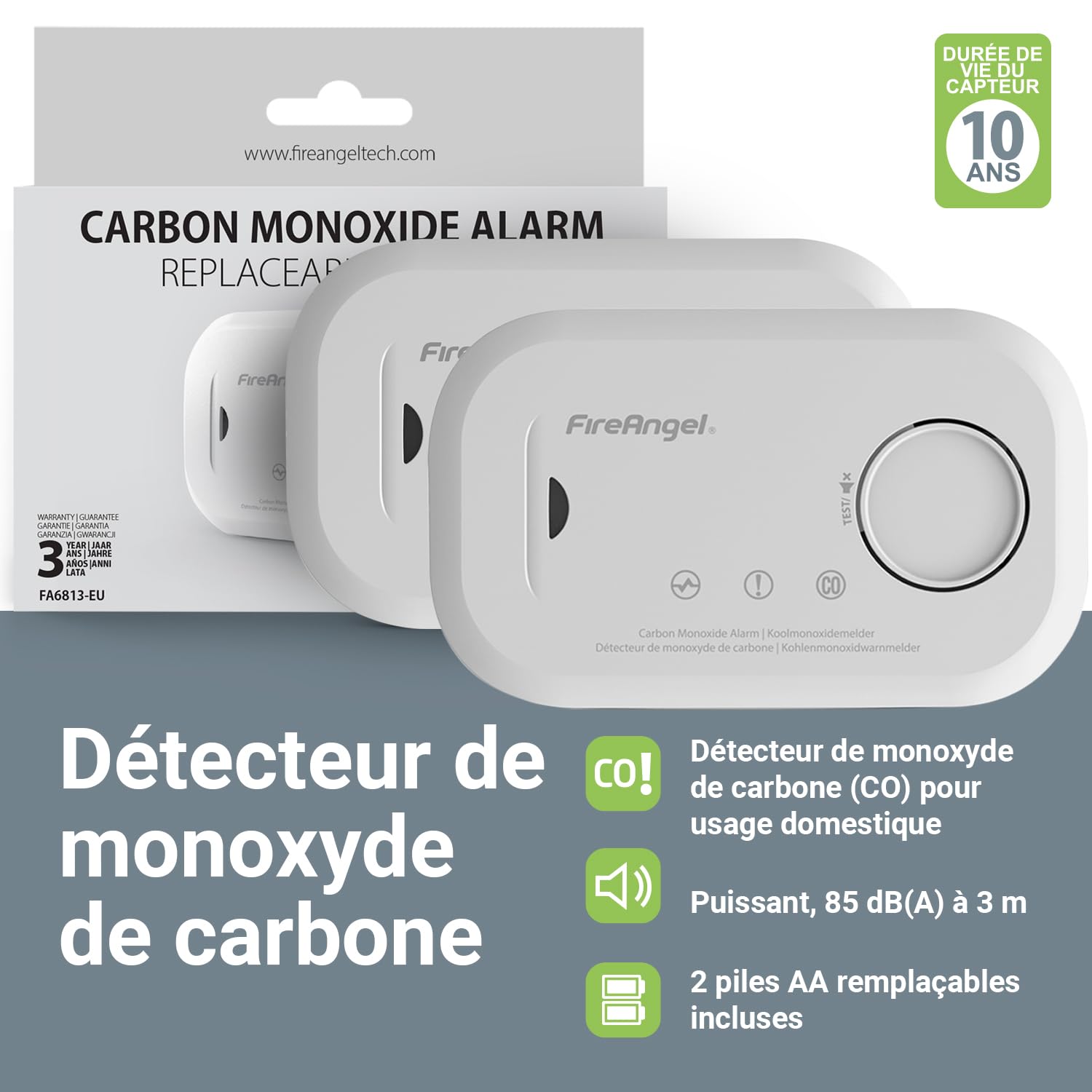 FireAngel FA6813-EU-T2 Détecteur de Monoxyde de Carbone CO, Capteur de Monoxyde de Carbone, Lot de 2 Détecteurs de CO et Alarme Portable, avec Piles, Bouton de Test