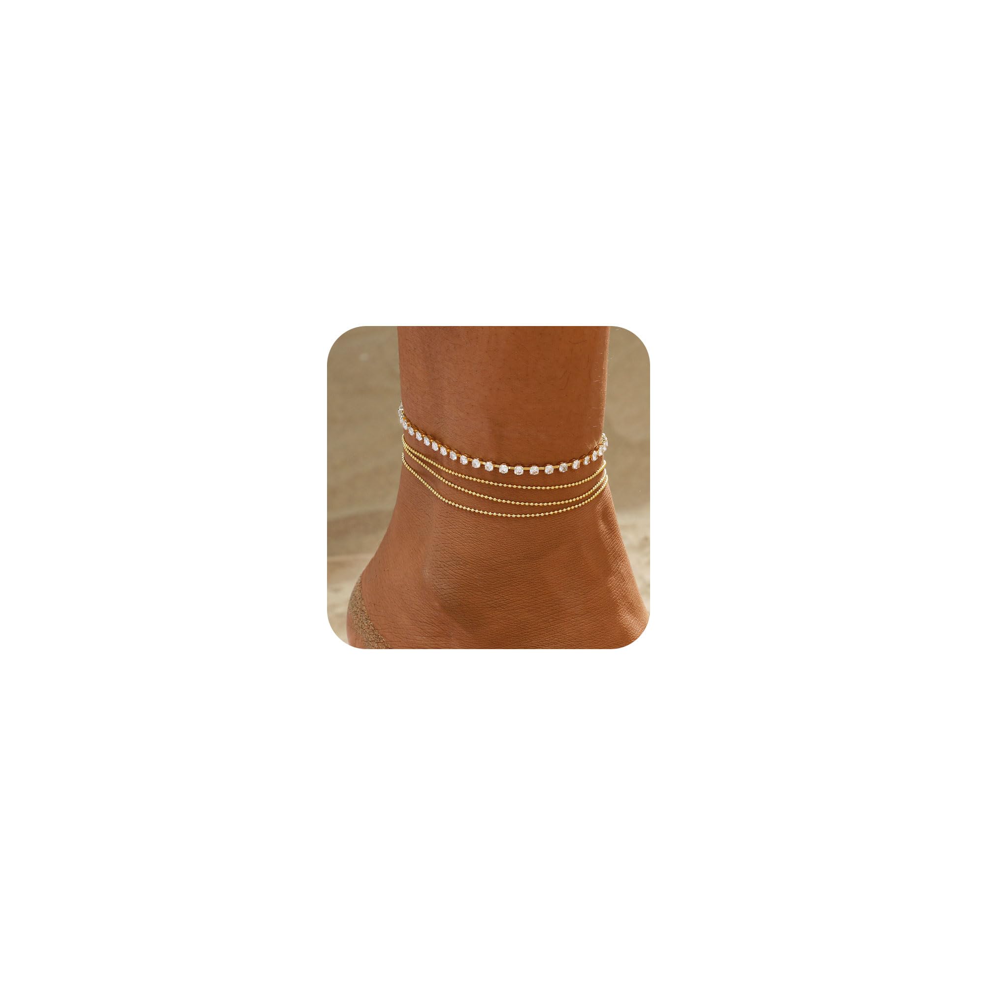 SUFOPE Anklets for Women 14K Silver/Gold Plated Ankle Bracelets Dainty Waterproof Bead Rhinestone Cuban Link Chain Anklets Trendy Women's Anklets