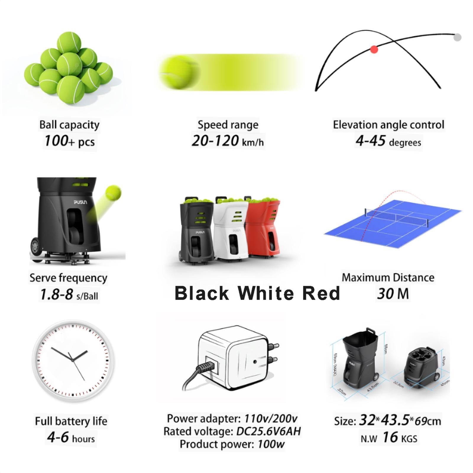 PT-Smart Tennis Ball Machine: Automatyczna obsługa z regulowaną prędkością i kątem. Trwała konstrukcja, duża pojemność, zdalne sterowanie. Narzędzie treningowe premium dla graczy na wszystkich