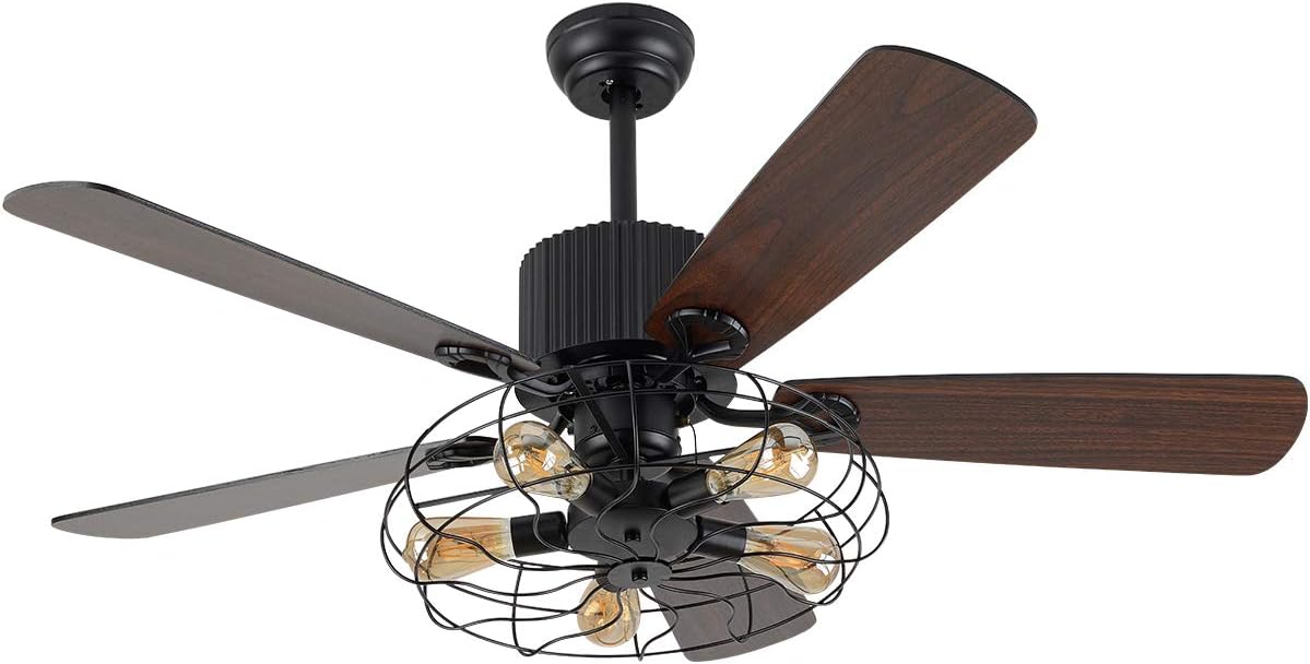 OUKANING ceiling fan light with five E27 bulbs installed in the cage fixture.