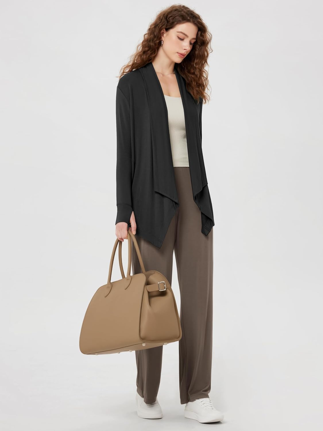 ODODOS Women's Drape Open Front Cardigans Cozy Soft Long Sleeve Casual Wrap Outerwear with Pockets Thumb Hole - Image 3