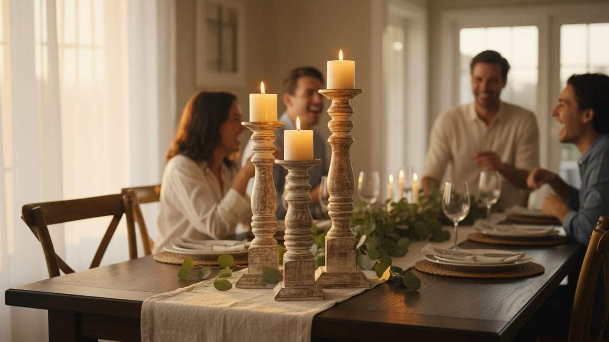 Rustic White Pillar Candle Holders Set of 3, Decorative Candlestick Candle Holders Stand, Decorations Home Décor Gifts for Bedroom Livingroom Wedding 18 x 15 x 12 Inch