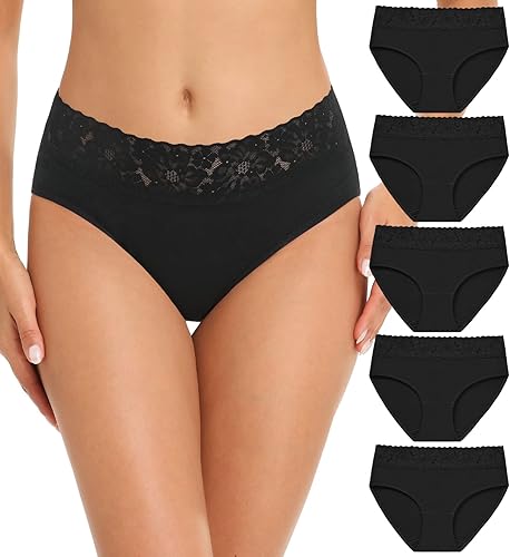 RHYFF Ropa interior de algodón para mujer, calzones de bikini de encaje suave, hipster, bragas elásticas completas, paquete de 5