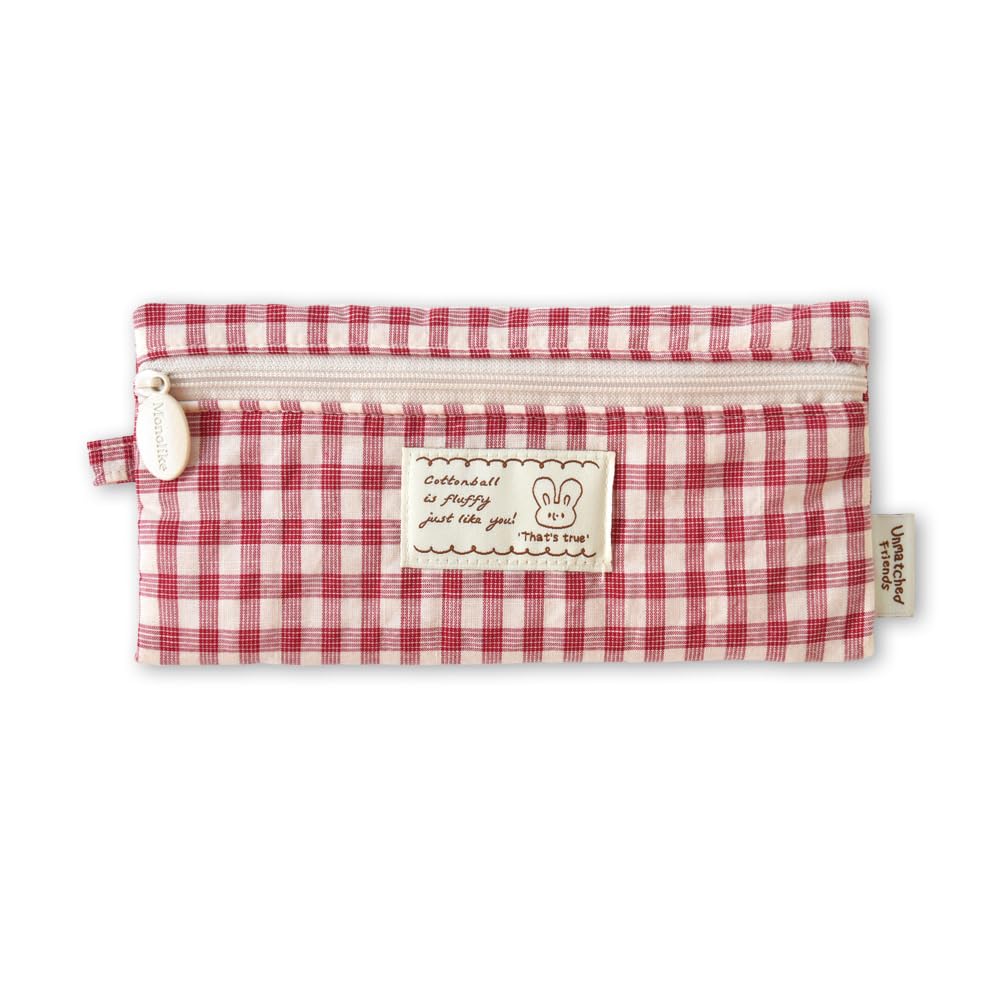 Monolike Unmatched Friends Fabric Check Pencil Case, Red - Pencil Pouch, Portable Pencil Bag, Pencil Case, Office Pouch case, Fabric, Cushion, Soft, Pastel