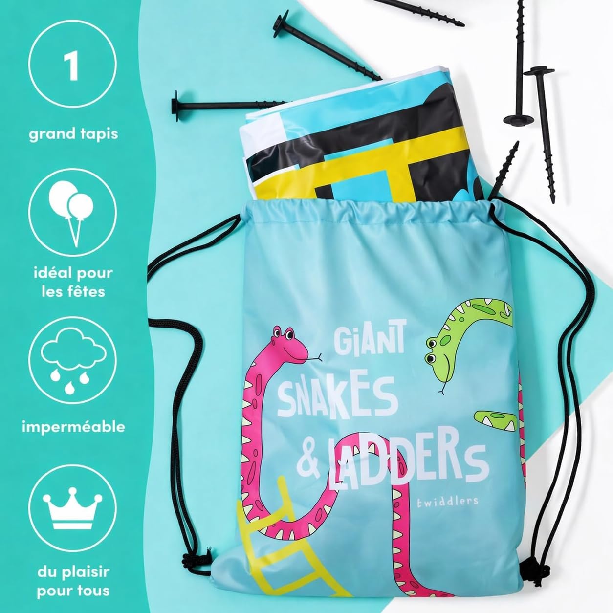 THE TWIDDLERS XXL Jeu Serpents & Échelles avec Dés Gonflables & Sac à Cordon - Jardin Géant & Jeu de Société, Snakes & Ladders pour Enfants & Adultes - 300x300cm