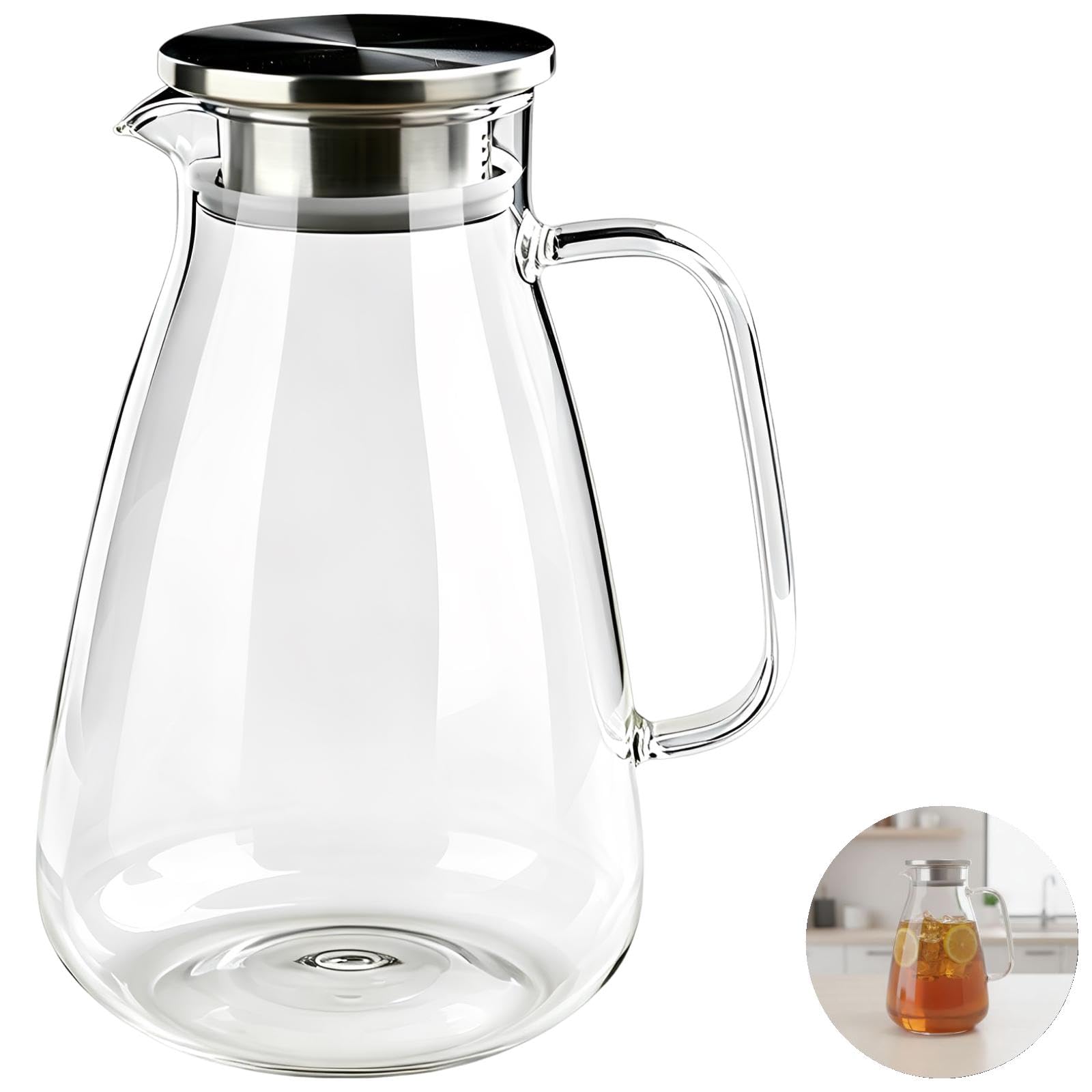 Glaskrug mit Deckel, 2000 ml / 68 oz, hitzebeständige Borosilikatglasflasche für Eistee, Saft und Heißgetränke, passt in die Kühlschranktür, breite Öffnung, leicht zu reinigen