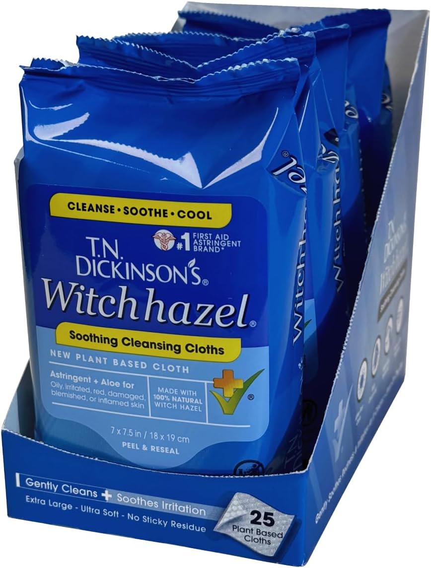 T.N. Dickinson's Witch Hazel Soothing MultiUse Cleansing Cloth, 4 Pack, 25 Cloths Per Pack,white