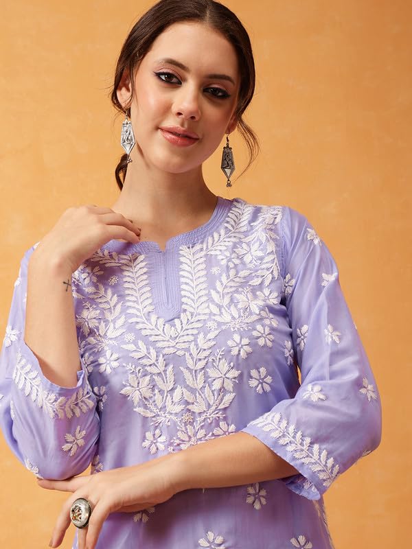 Image of Ada Women's Muslin Straight Fit Tunic Hand Embroidered Lucknowi Chikankari Straight Top Short Kurti A911420