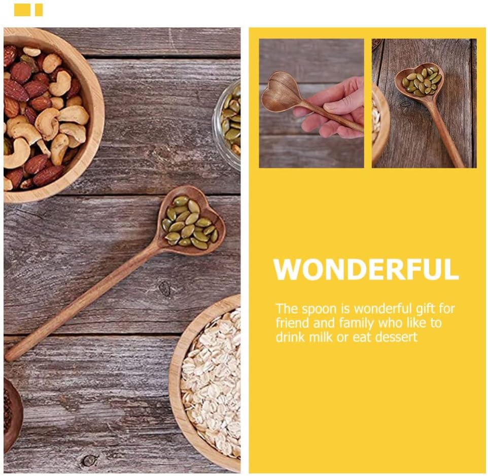 MaGiLL Heart Shaped Wood Spoon Serving Mixing Spoon Ice Cream Spoons Honey Teaspoon Dessert Scoop Dinner Cutlery for Mothers Day Coffee Tea Wedding Gift