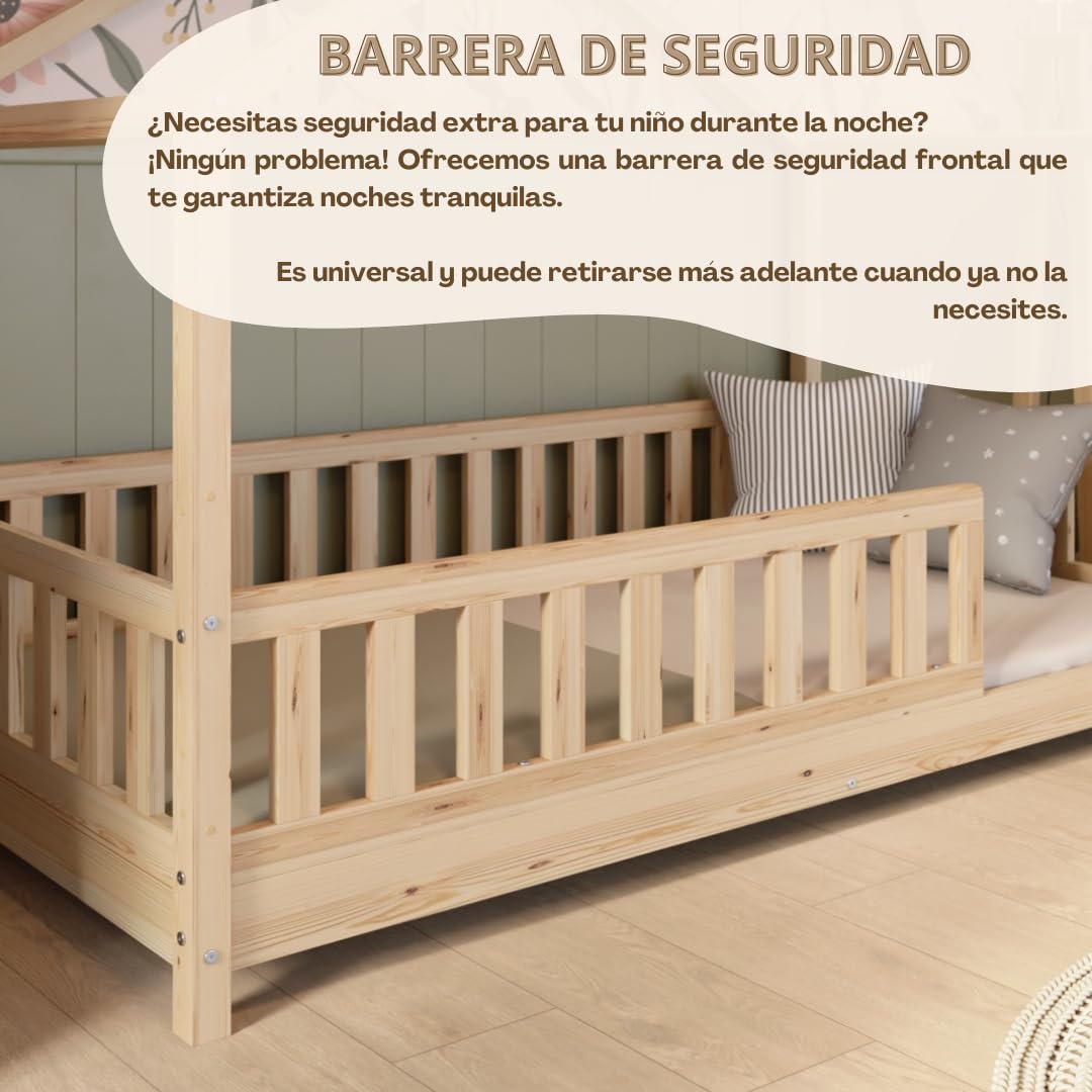 Cama Montessori en Forma de Casa 190x90 cm - Cama Infantil con Protección contra Caídas 31,5cm - Camas Infantiles niños y niñas - Madera Natural