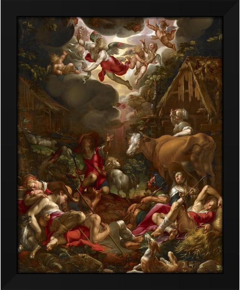 Joachim Wtewael 20x24 Black Modern Framed Art Print Titled: Annunciation to the Shepherds