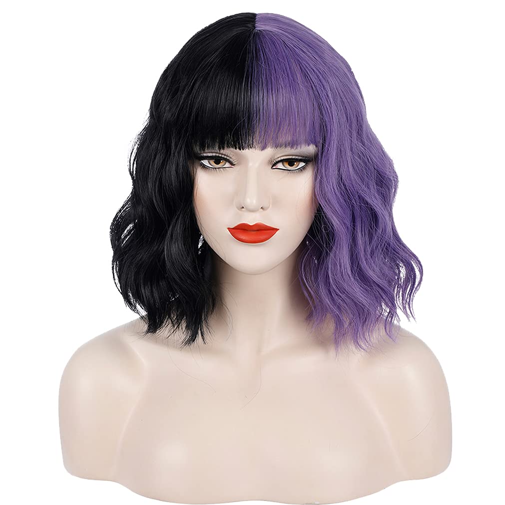 Amazon Com Pattnium Half Purple Black Wig Short Curly Wig Black Purple Wig For Women Split Wig Half Black Half Purple Two Tone Wig With Bangs Halloween Cosplay Party Costume Synthetic Hair