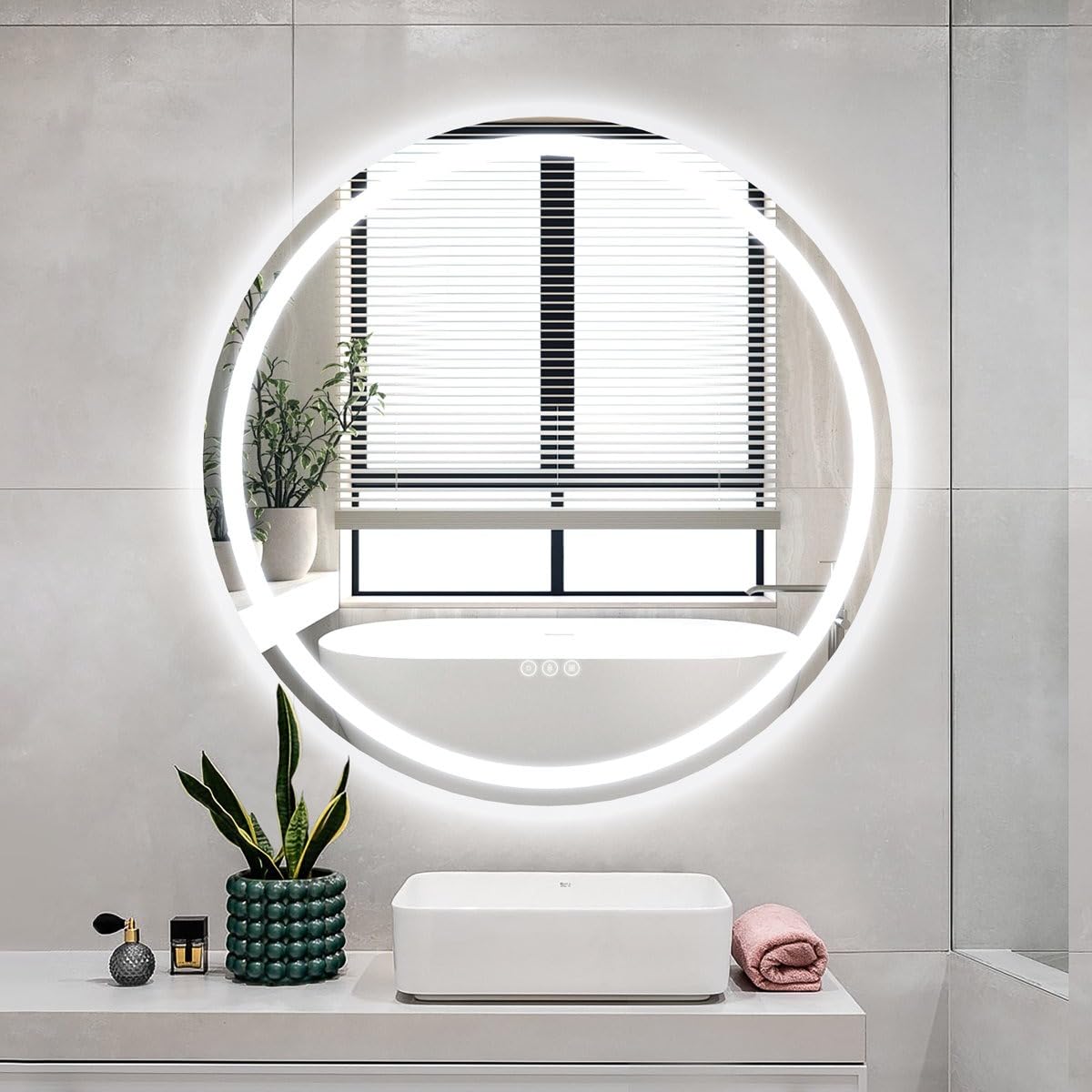 BUNGALOW MERCER Round LED Bathroom Mirror with Lights – Dimmable, 3 Color Modes, Dual-Sided, Anti-Fog, Memory Function – Modern Wall-Mounted Vanity Mirror (70 cm)