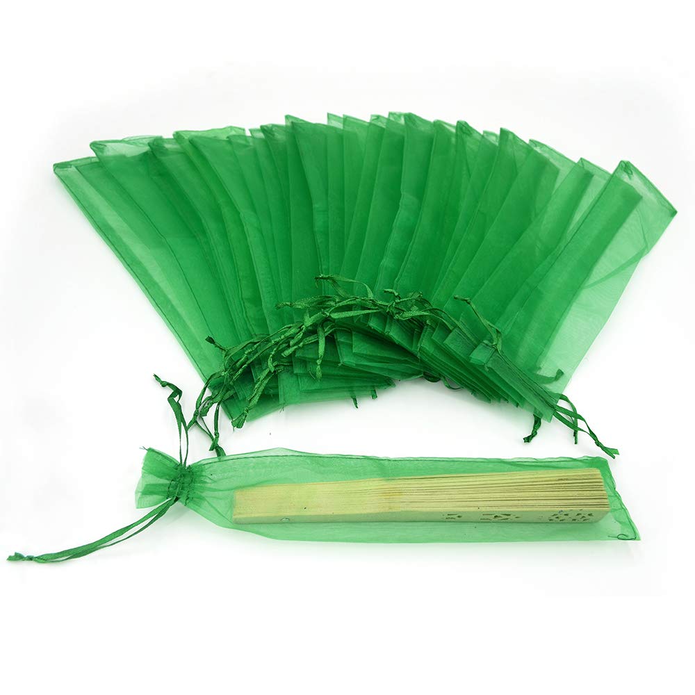 Bezall 50Pcs Green Organza Fan Bags, 2x10 Inches Sheer Christmas Favors Drawstring Pouches Wedding Party Folding Hand Fan Gift Bags