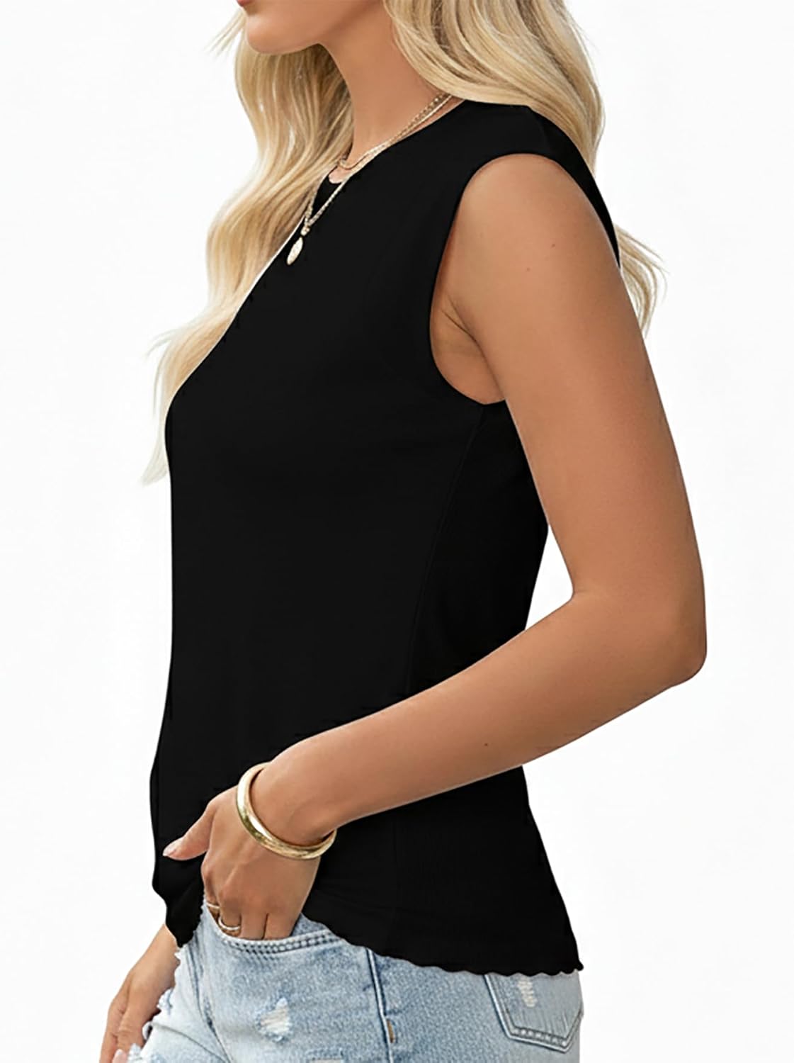 SOFIA'S CHOICE Women’s Lettuce Trim Ribbed Tank Tops Cap Sleeve Summer Casual Basic Slim Fitted Tee Shirt - Image 2