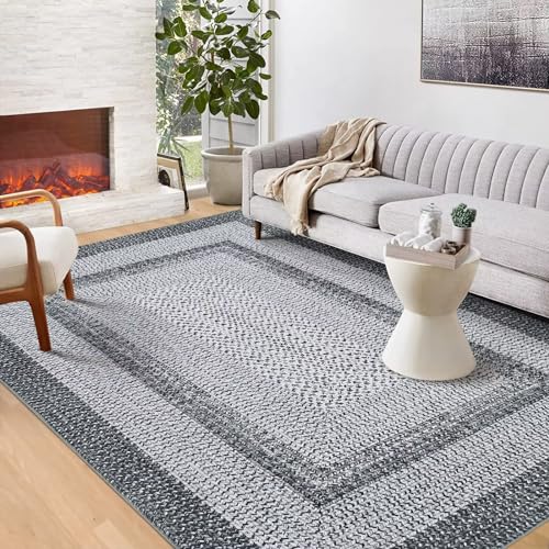 GAOMON Braided Collection Area Rug - Modern Washable Grey Vintage Country Cottage Floor Carpet - 5x7, Low Pile, Non-Slip Indoor Throw Carpet for Living Room & Bedroom