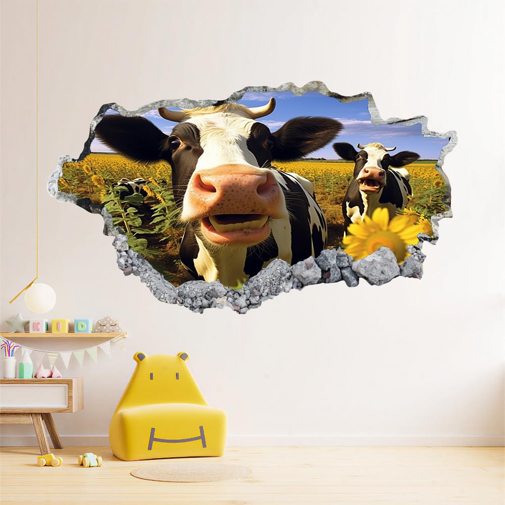 3D Wandtattoo Wanddurchbruch, Vieh Durchbruch Wandaufkleber für Kinderzimmer, sticker für Wohnzimmer, Sonnenblumenfeld Wandsticker, Wandbild Junge Mädchen Schlafzimmer