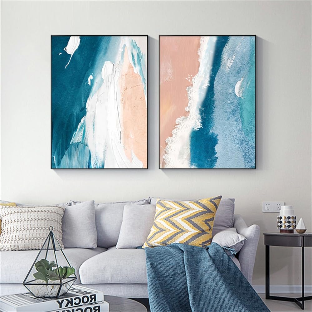 WUHBCZ Canvas Paints,Nordic Ocean Wall Art Prints Blue Wave Seascape Poster Abstract Landscape Canvas Painting for Living Room Bedroom Pictures Decor-60 * 70cm*2PCS (No Frame)