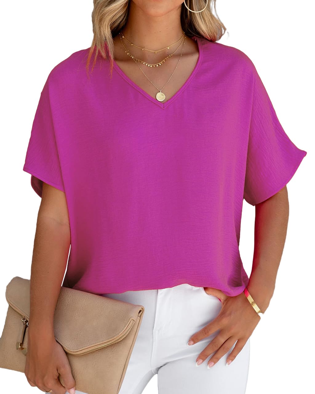 AllimyWomen Summer Casual V Neck Textured Blouses Loose Short Sleeve Tops