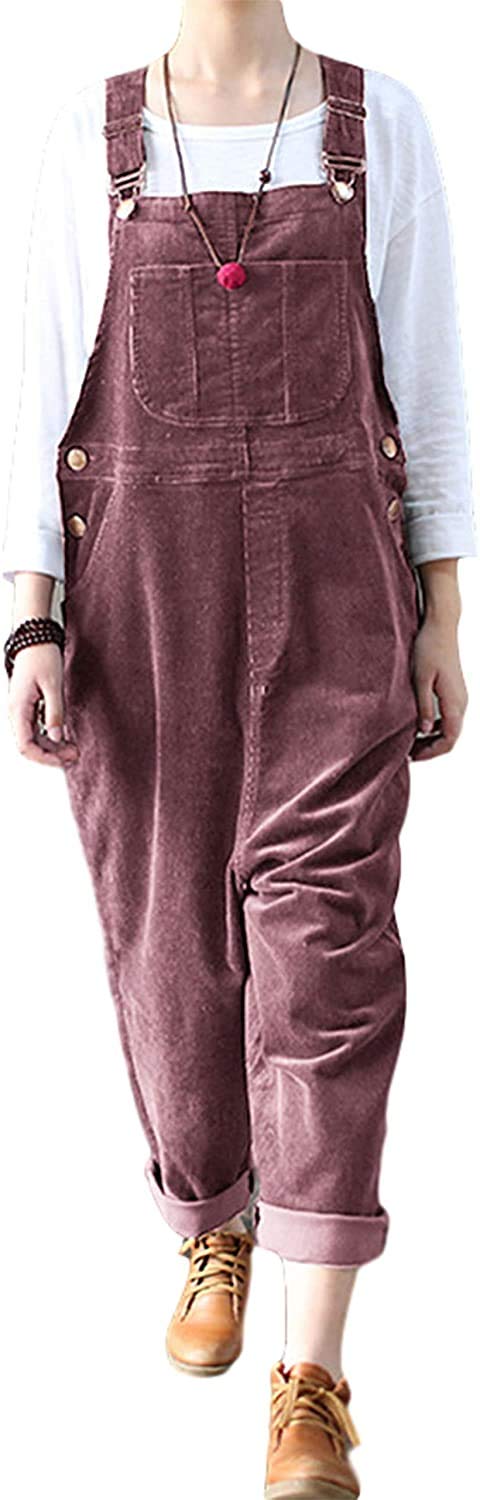 Lazutom Women's Loose Fit Casual Baggy Solid Corduroy Bib Dungarees Overall Jumpsuits