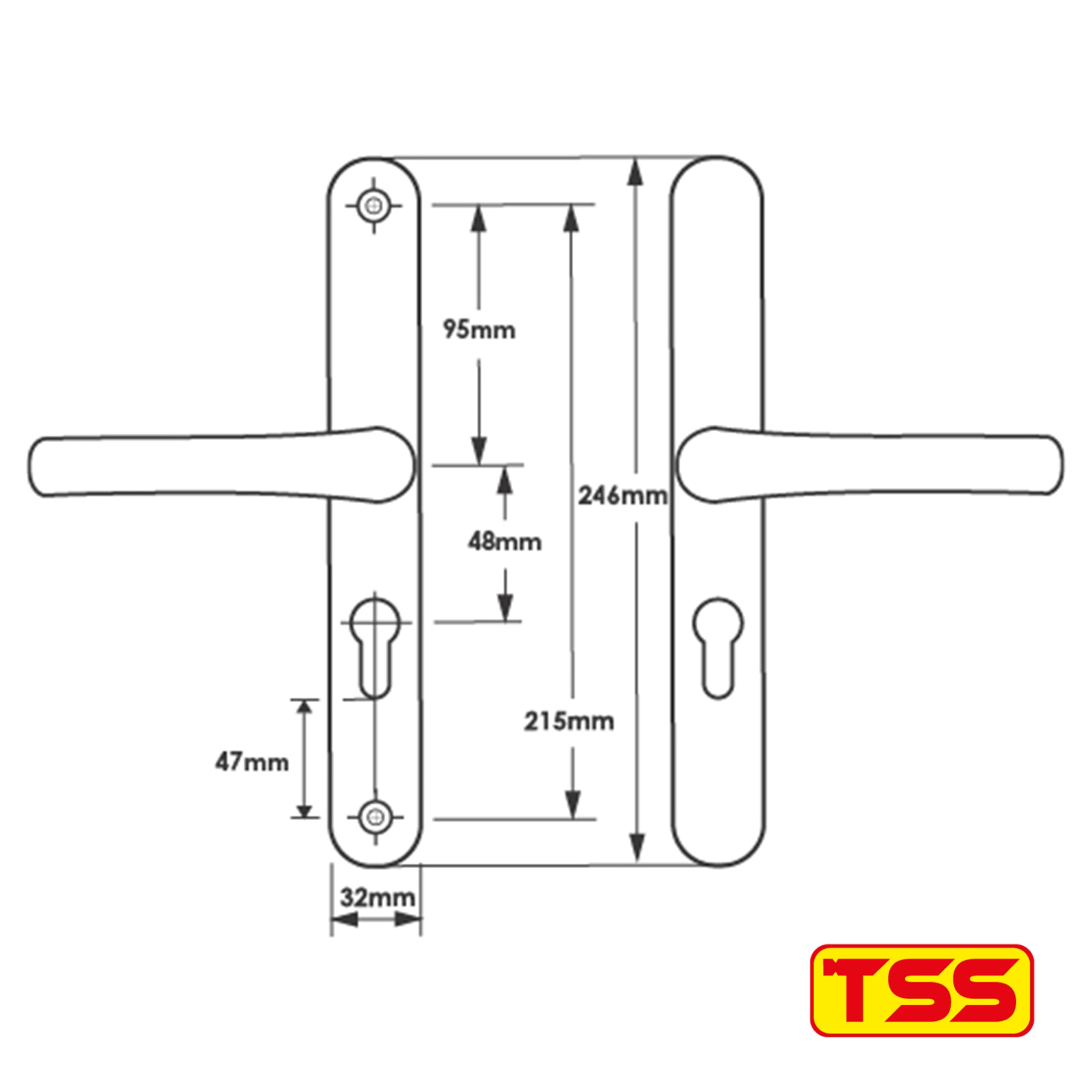 TSS UPVC-Türgriff-Set – Hebel/Hebel – 48 mm PZ (Mitte) – 215 mm Schraube zu Schraube – Rückplatte 246 mm x 32 mm – UPVC-Türgriff – Ersatz-Türgriffe aus UPVC – PVC-Türgriff (weiß)