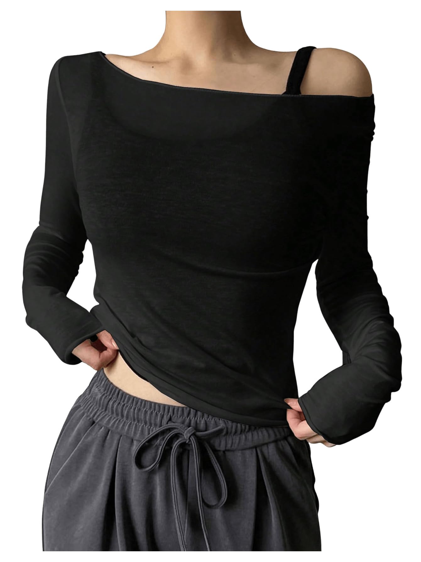 RoseSeek Women's Mesh Sheer Tops Off The Shoulder Long Sleeve See Through Shirts Going Out Party Club Outfits