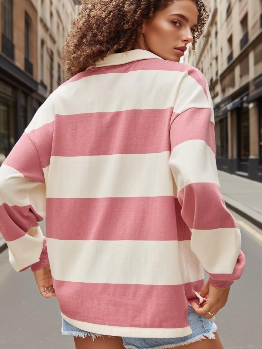 Women Striped Polo Sweatshirt Oversized Long Sleeve Lapel V Neck Pullover Shirt Trendy Rugby Shirts - Image 4
