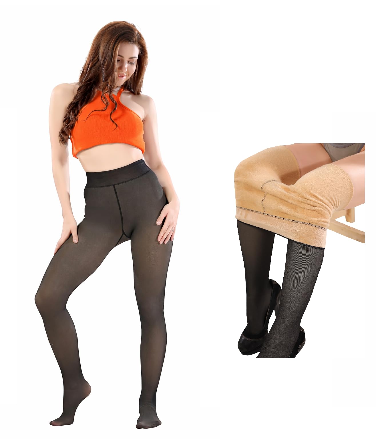 Winter Warm Stretchable Thermal Fleece Lined Leggings for Women/Girl - Translucent Woolen Thick Velvet Tights Thermal Pants - Waist Size : 26 to 34 Inch - Black