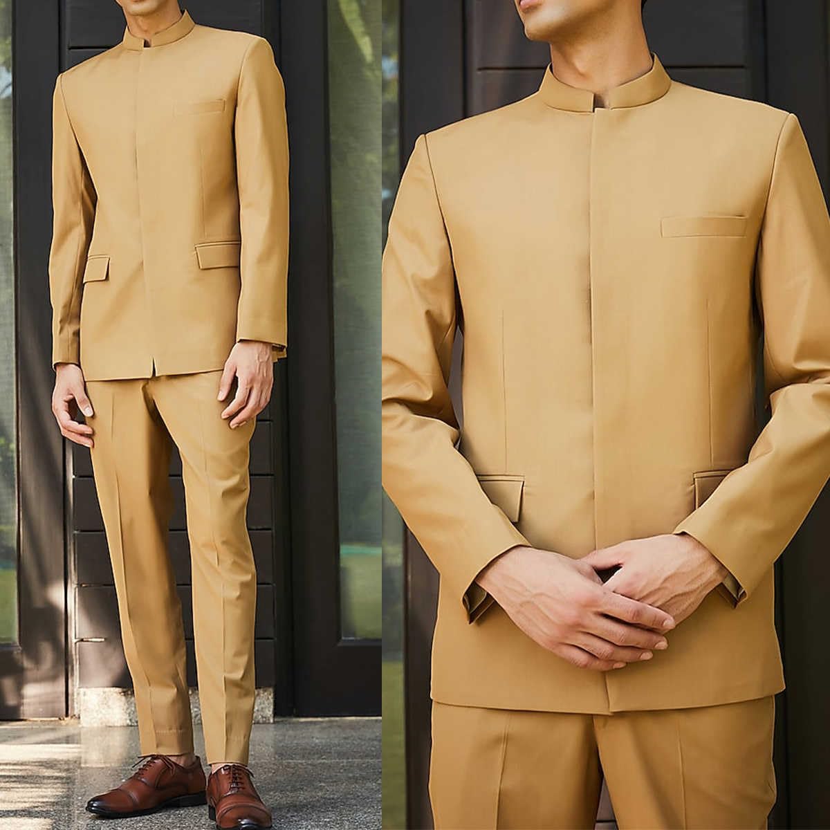 Ulnomio Hombres Stand Cuello Traje Casual Diario de Trabajo Chaqueta Pantalones 2-Pieza Set