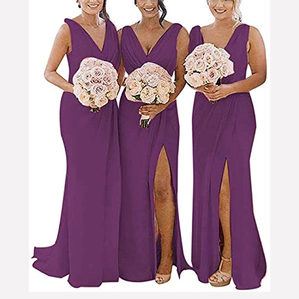 yhfshop Prom Ball Gown Bridesmaids Dresses,Double shoulder V-neck chiffon slit evening gown-Grape purple_56,Formal Wedding Ball Dresses