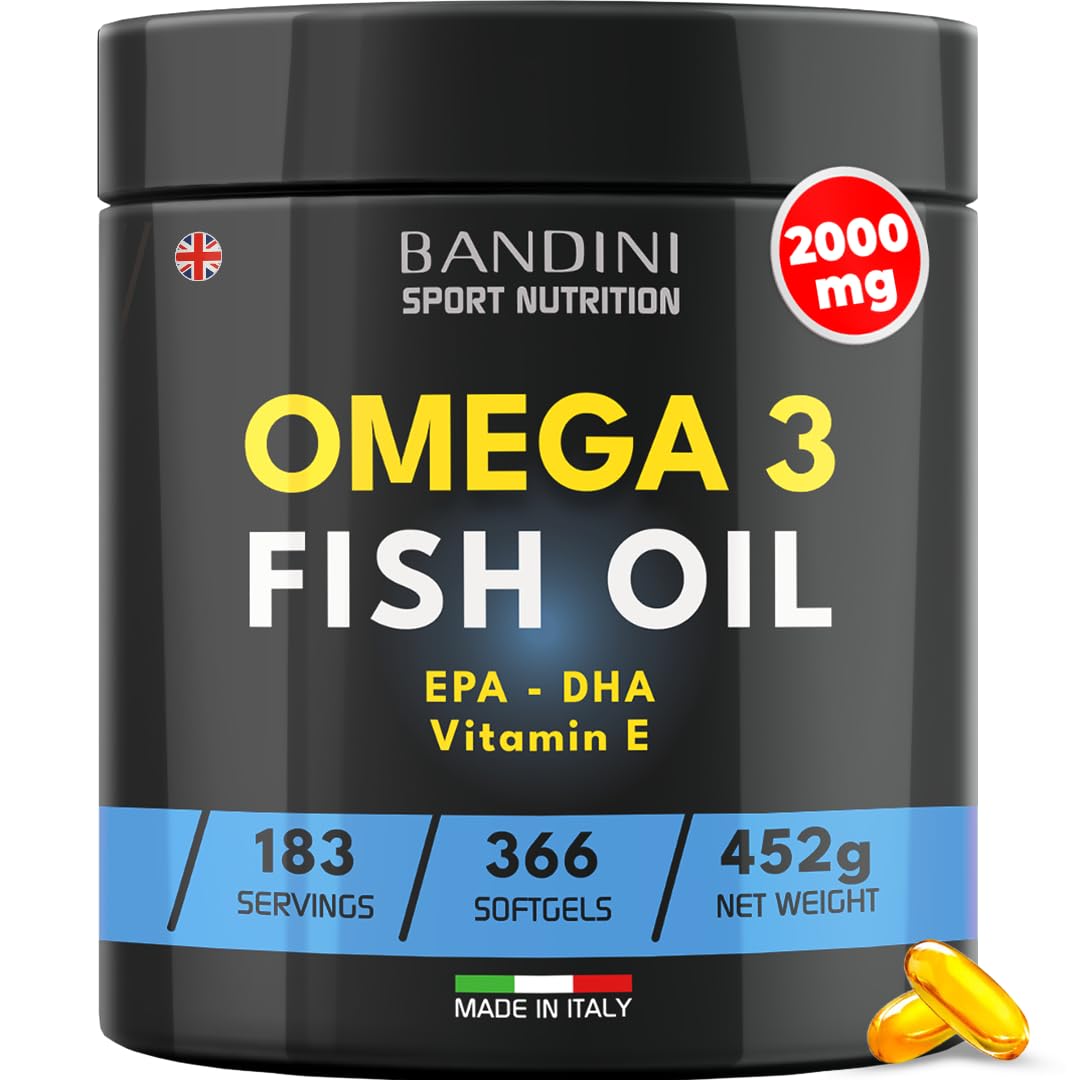 Bandini® Omega 3 | 6 Months’ Supply, 366 Softgels | 2000 mg Fish Oil with 360 mg EPA, 240 mg DHA & 6,8 mg Vitamin E per Serving | High Strength Omega-3 Fatty Acids Capsules for Eyes, Brain & Heart