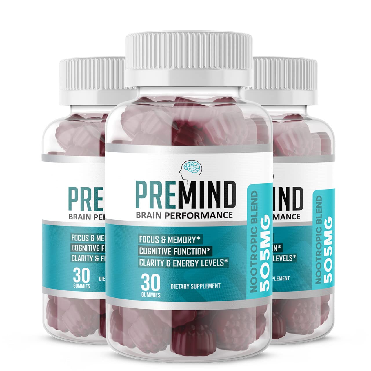 Premind Brian Performance Gummies, Pre Mind Brian Gummy, Nootropic, Brain Chewable Gummy, Gingko Biloba Memory, Clarity Focus Memory - 3 Bottle, Official Store, 30ct